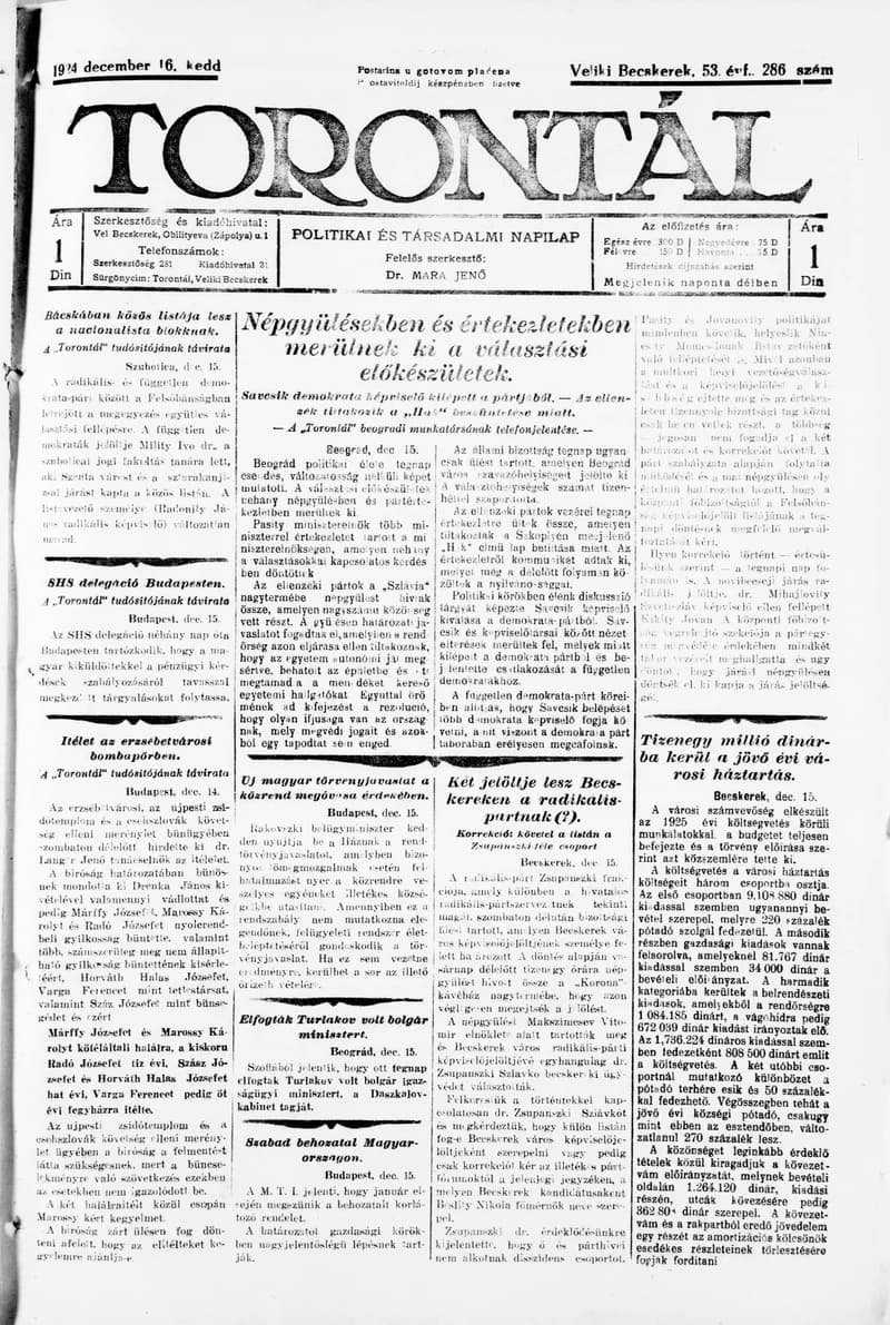 Torontál, 53. évf. 1924. december 16. 286. sz.