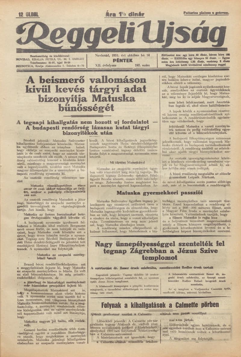Reggeli Újság, 12. évf. 1931. október 16. 243. sz.