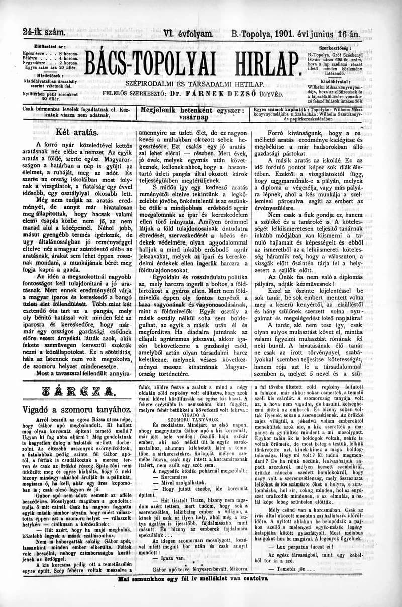 Bács-Topolyai Hirlap, 6. évf. 1901. június 16. 24. sz.