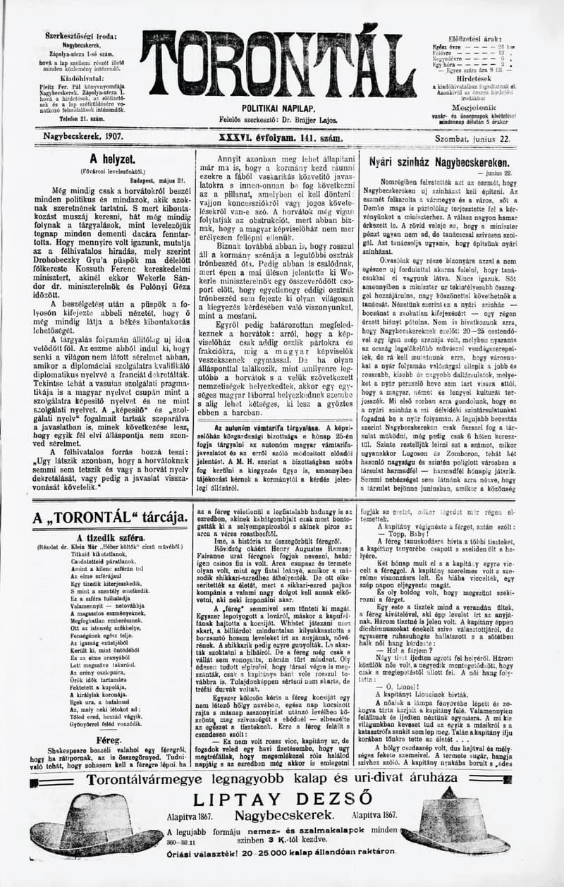 Torontál, 36. évf. 1907. június 22. 141. sz.