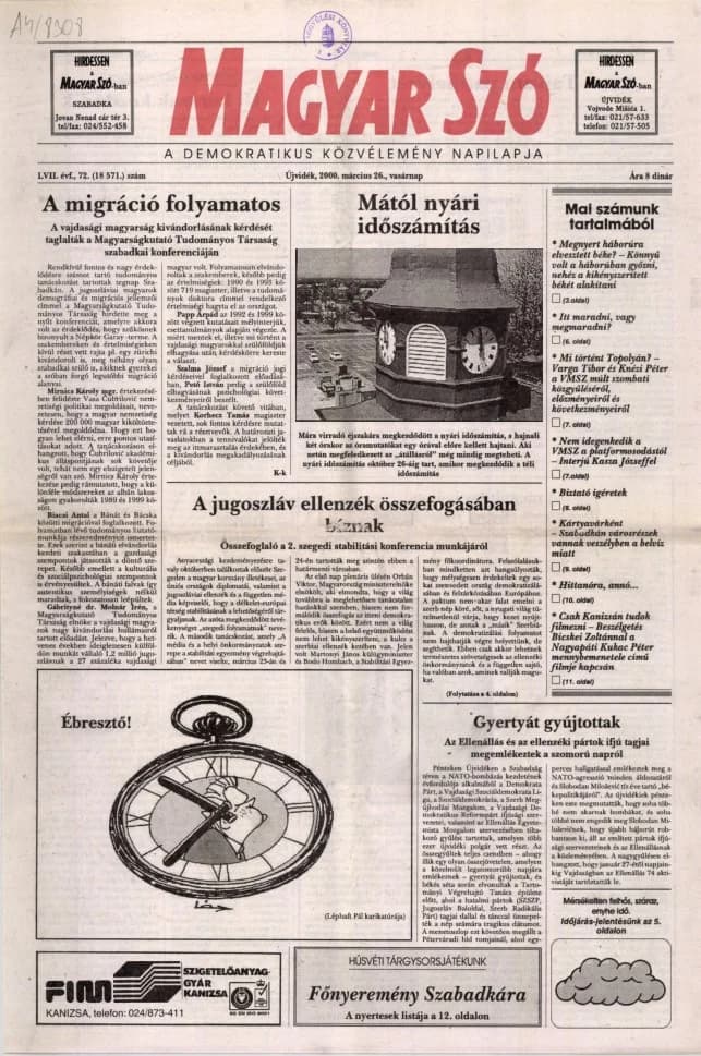 Magyar Szó, 57. évf. 2000. március 26. 72. sz. 1–24. oldal