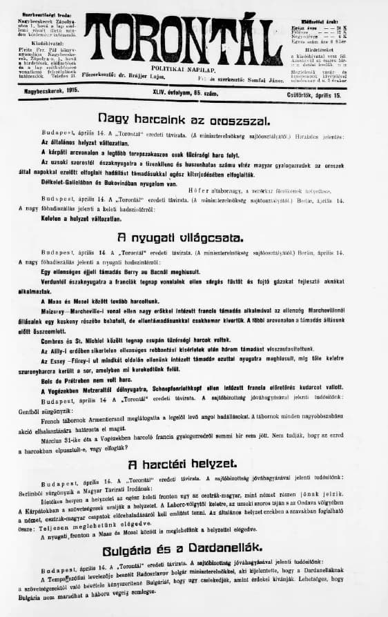 Torontál, 44. évf. 1915. április 15. 85. sz.