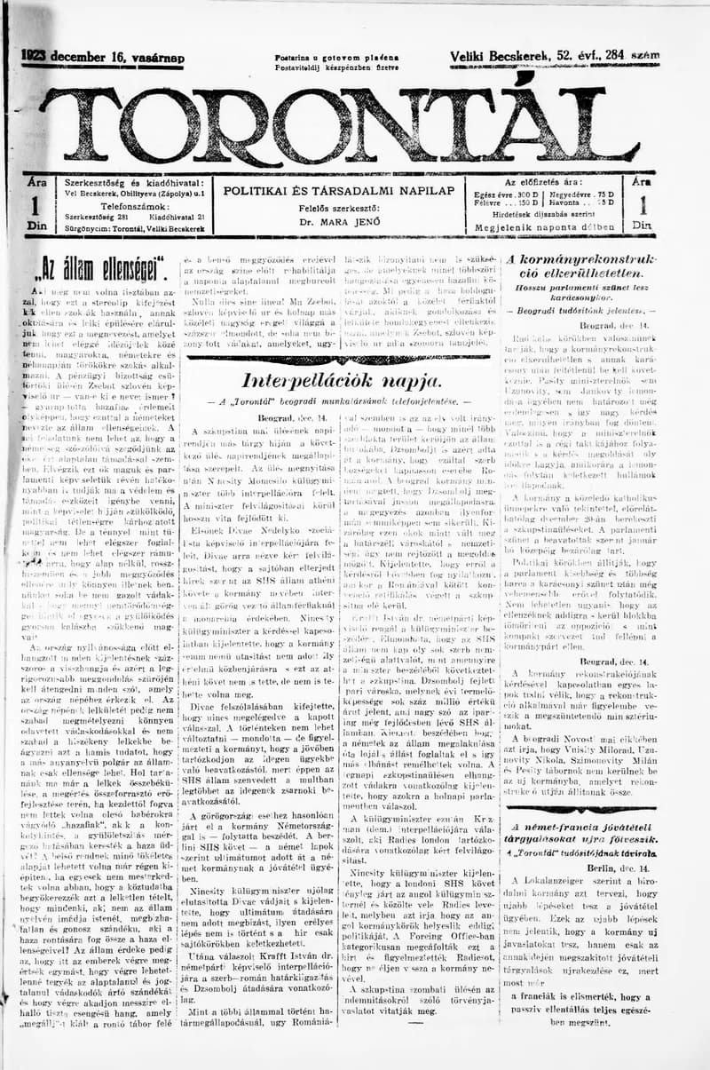 Torontál, 52. évf. 1923. december 16. 284. sz.