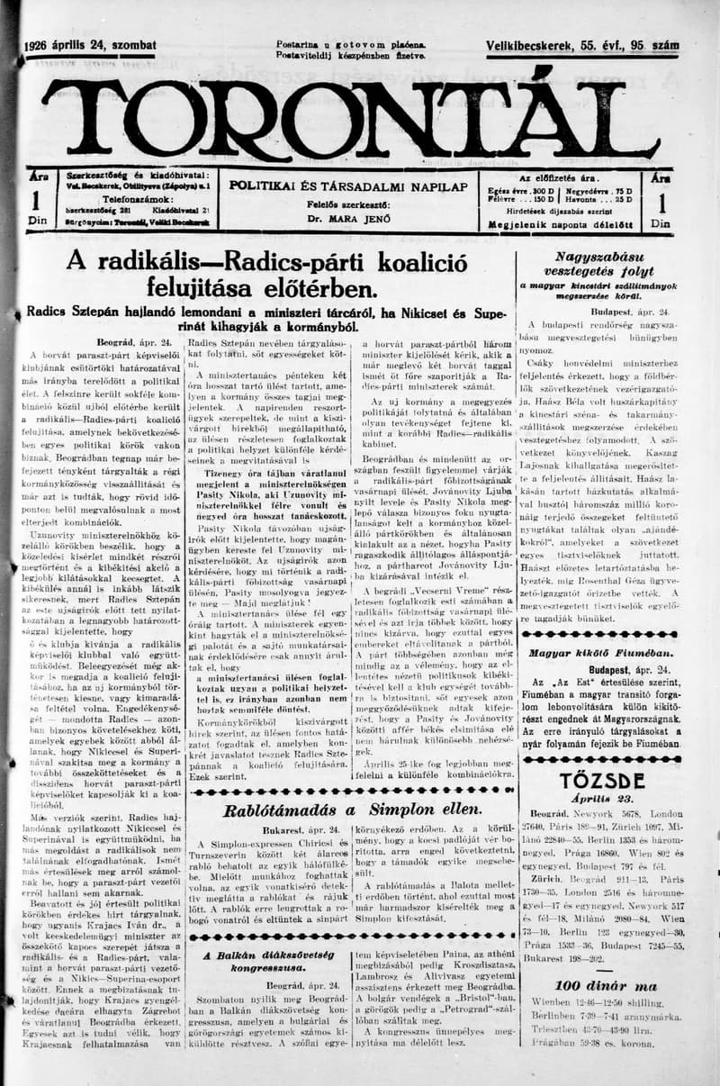Torontál, 55. évf. 1926. április 24. 95. sz.