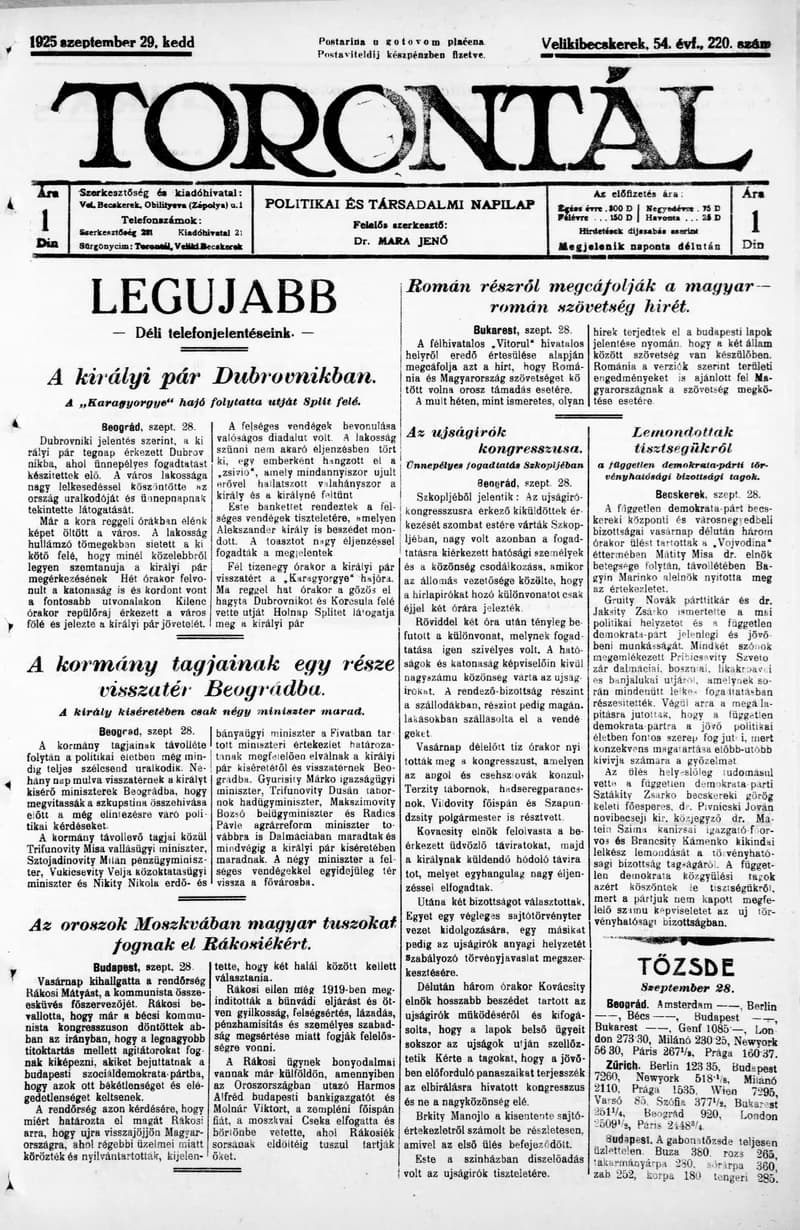 Torontál, 54. évf. 1925. szeptember 29. 220. sz.