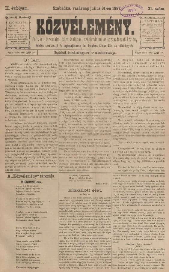 Közvélemény, 2. évf. 1887. július 31. 31. sz.