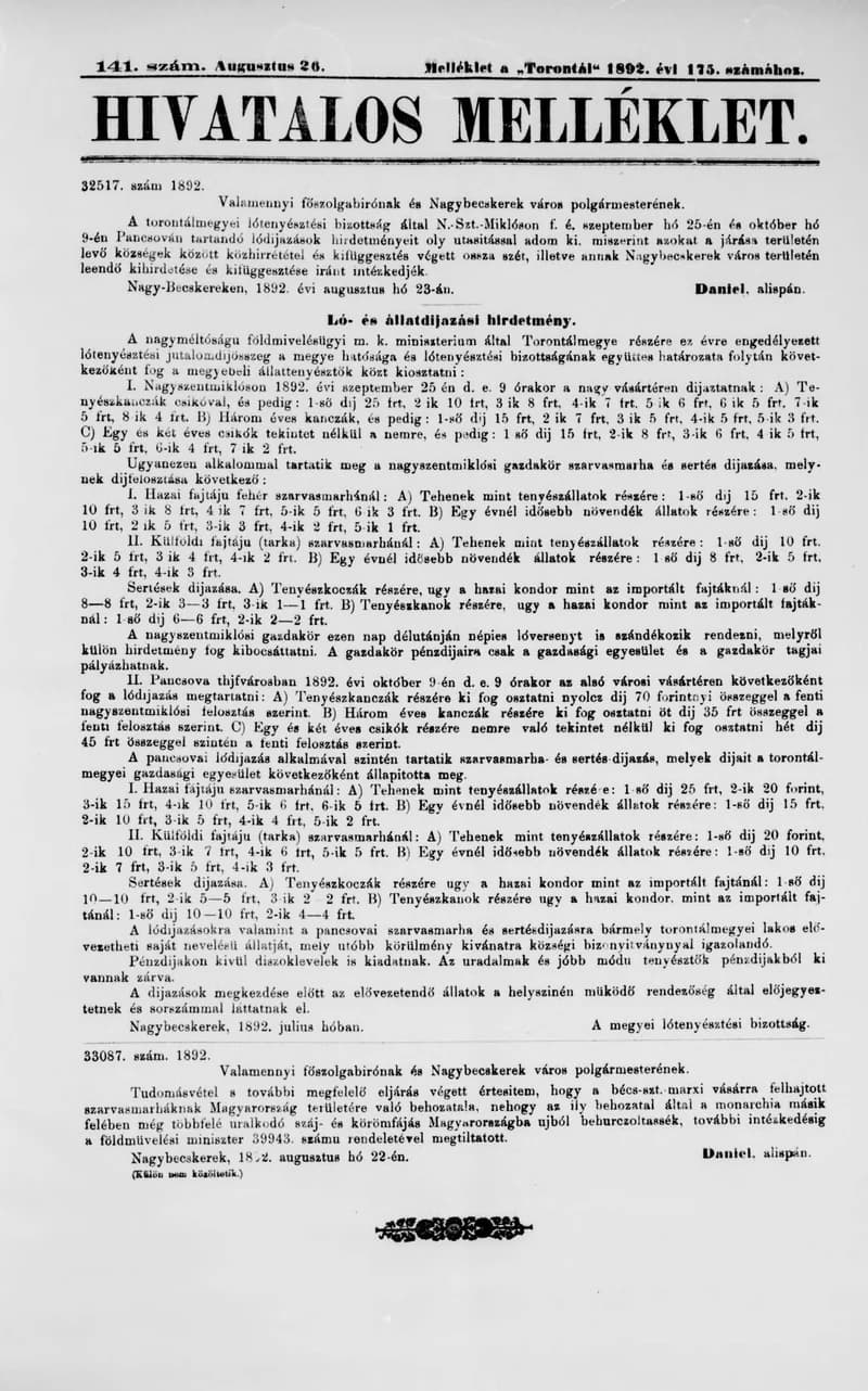 A Totontál  hivatalos melléklete, 5. évf. 1892. augusztus 26. 141. sz.