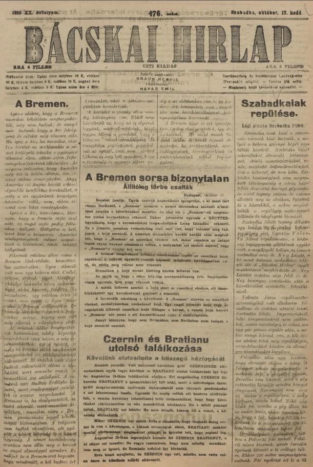 Bácskai Hirlap, 20. évf. 1916. október 17. 476. sz.