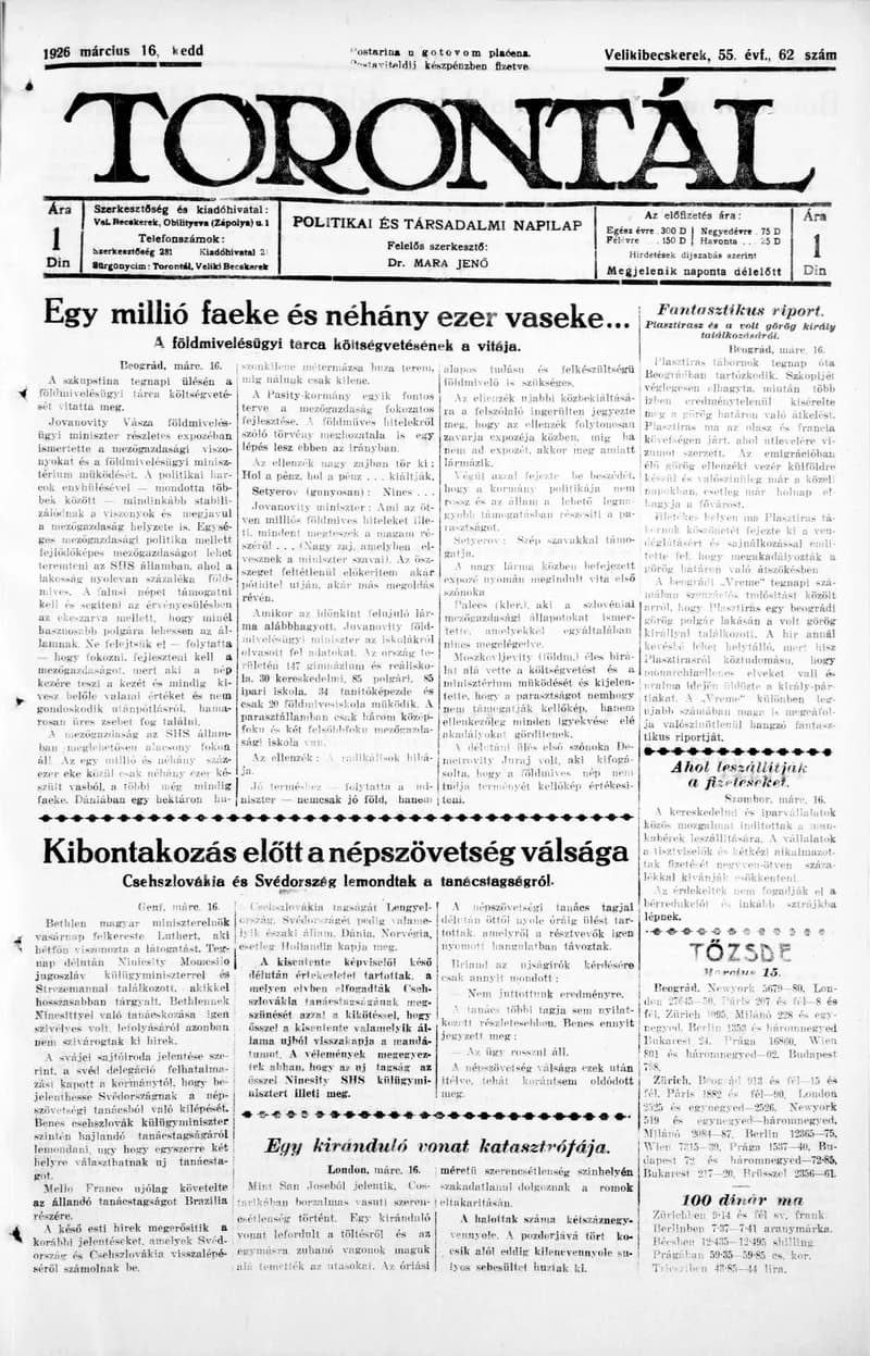 Torontál, 55. évf. 1926. március 16. 62. sz.