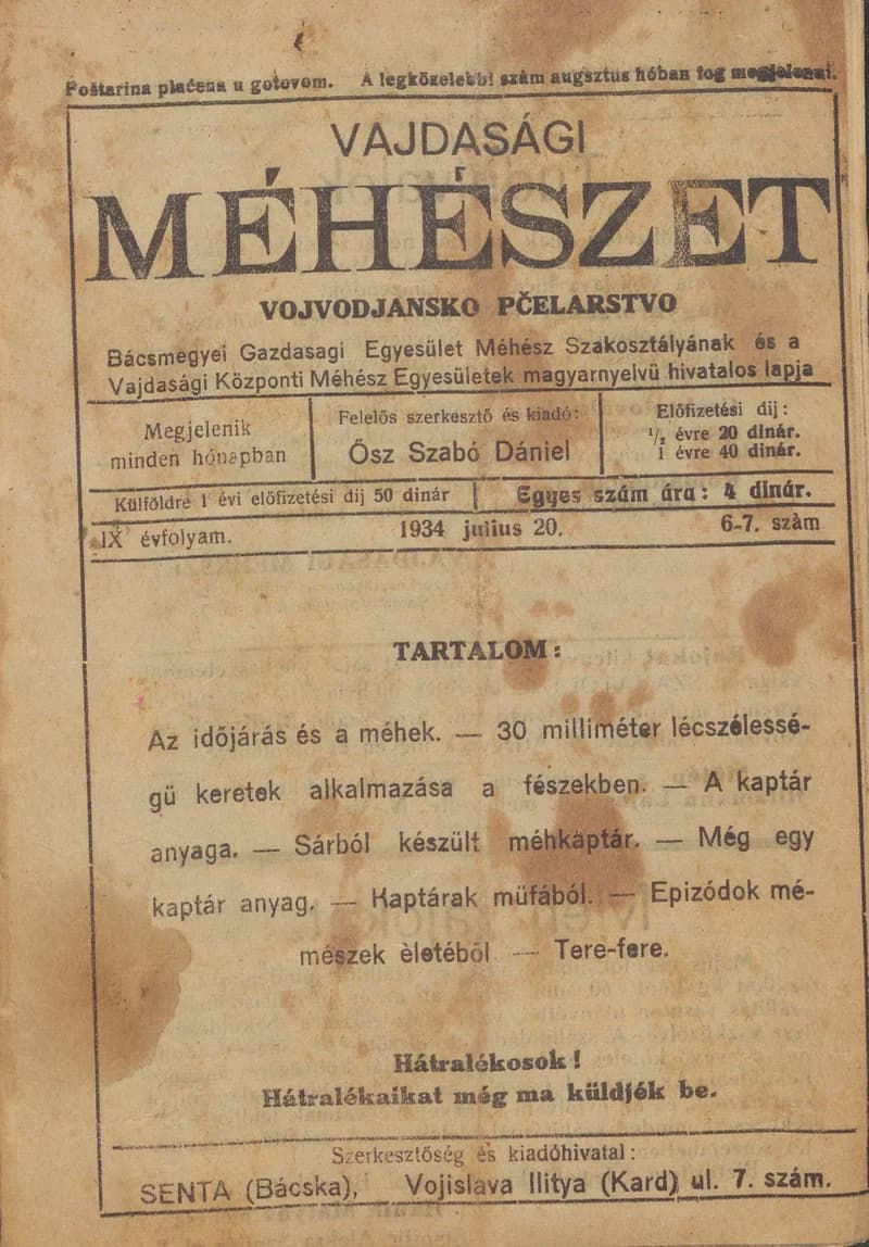Vajdasági méhészet, 9. évf. 1934. július 20. 6–7. sz.