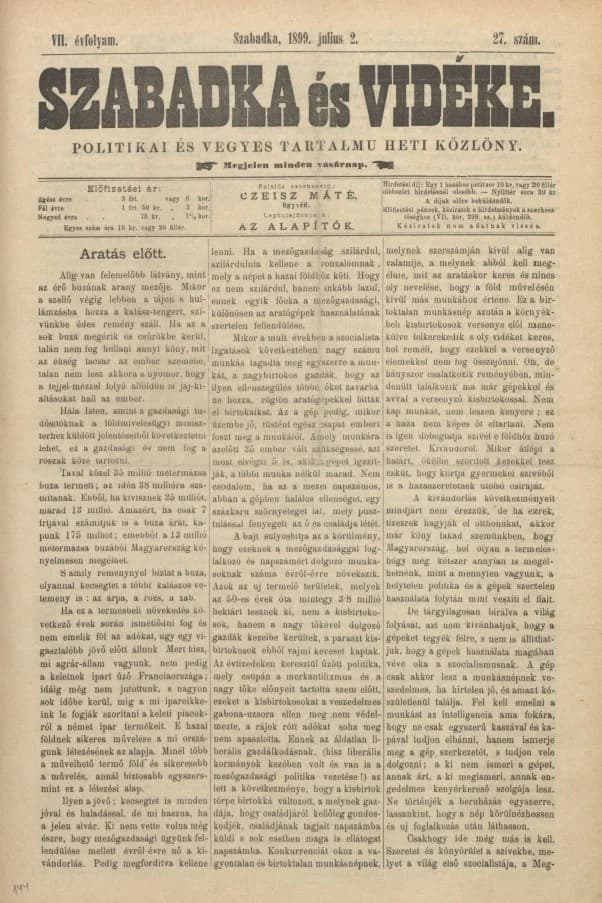 Szabadka és vidéke II, 7. évf. 1899. július 2. 27. sz.