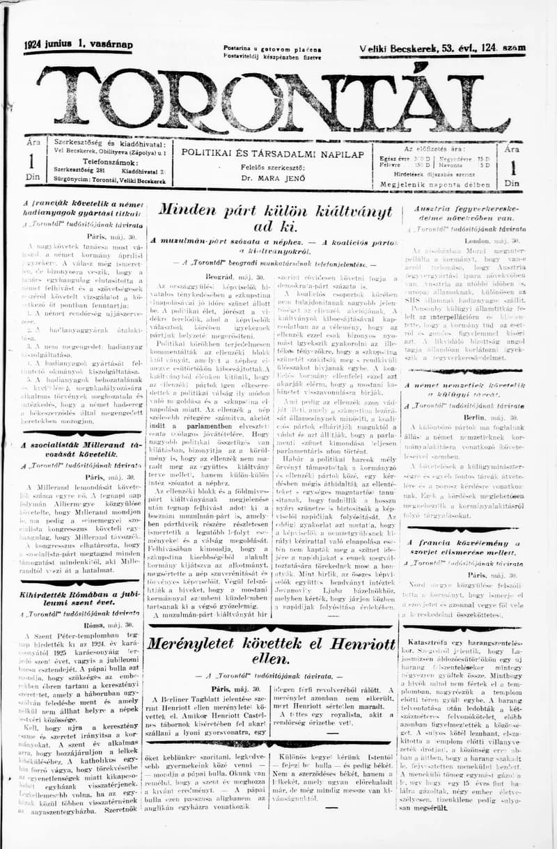 Torontál, 53. évf. 1924. június 1. 124. sz.
