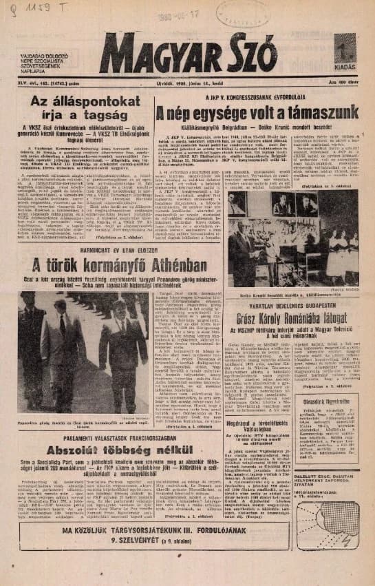 Magyar Szó, 45. évf. 1988. június 14. 162. sz. 1–20. oldal