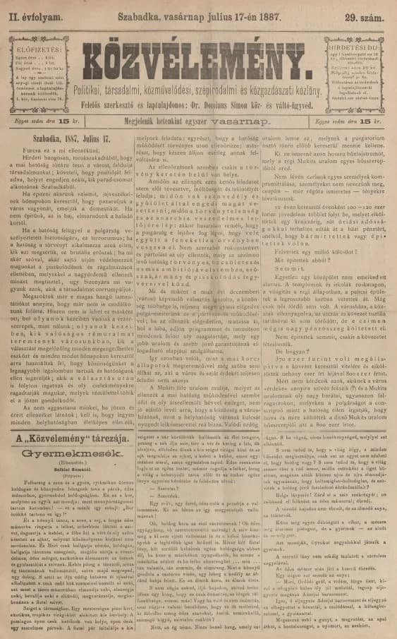 Közvélemény, 2. évf. 1887. július 17. 29. sz.