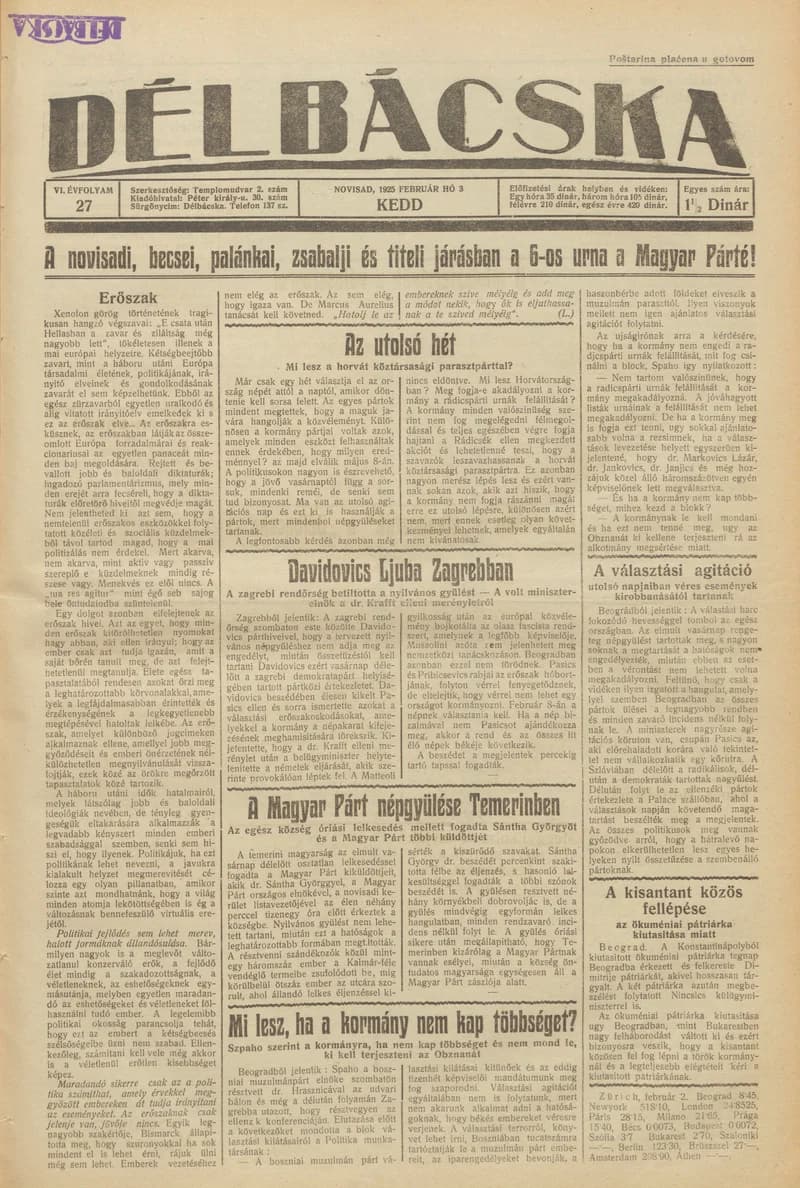 Délbácska, 6. évf. 1925. február 3. 27. sz.