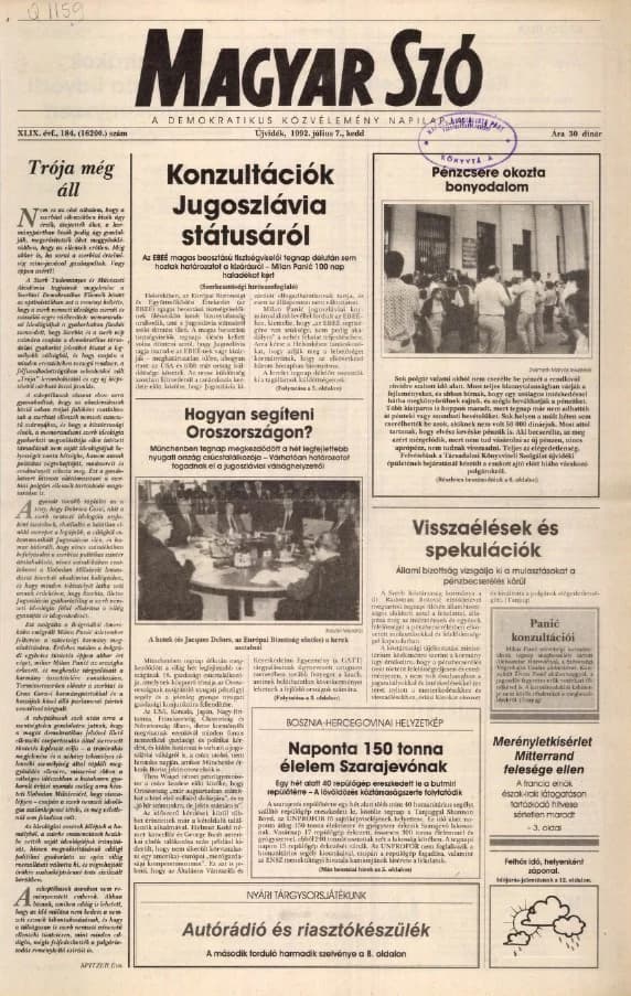 Magyar Szó, 49. évf. 1992. július 7. 184. sz. 1–16. oldal