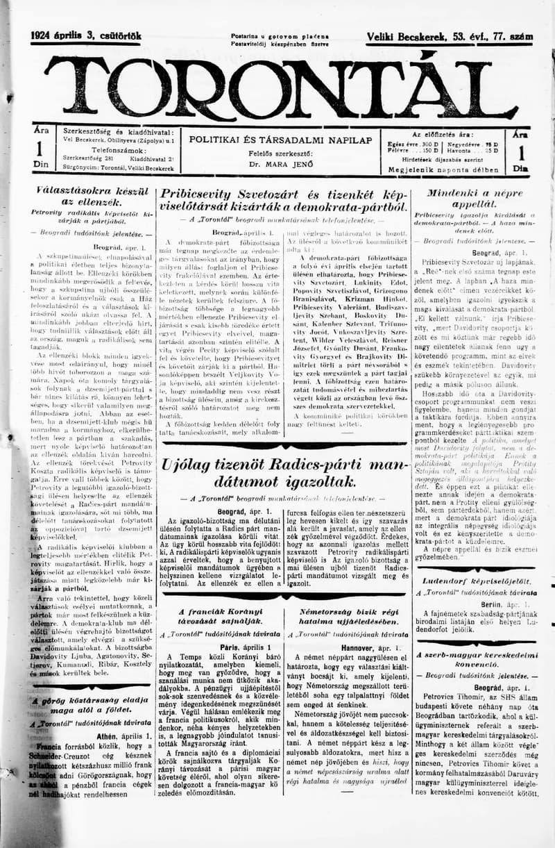 Torontál, 53. évf. 1924. április 3. 77. sz.