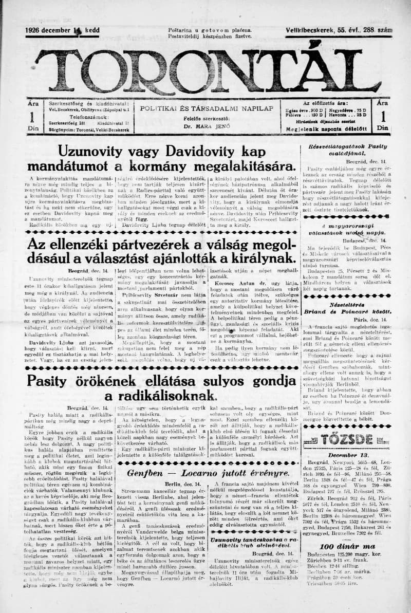 Torontál, 55. évf. 1926. december 14. 288. sz.