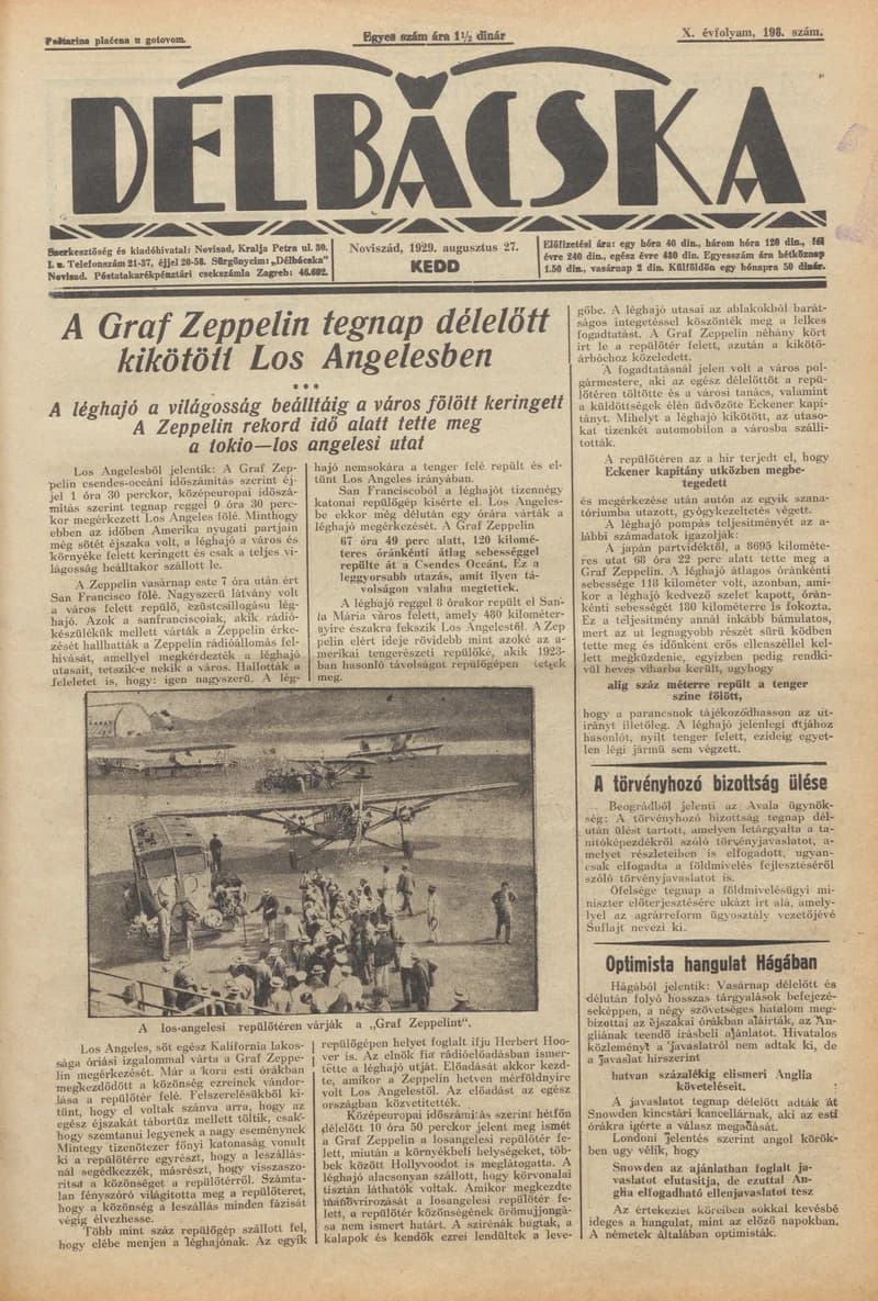 Délbácska, 10. évf. 1929. augusztus 27. 198. sz.