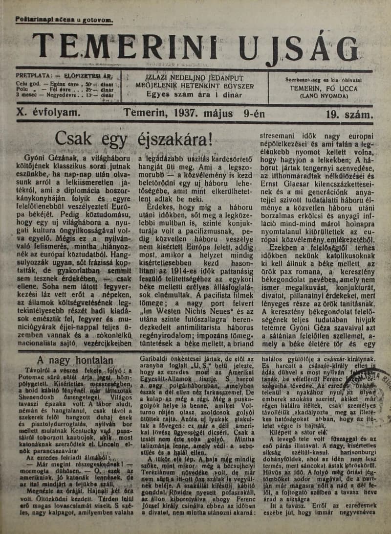 Temerini Újság 1928-1944, 10. évf. 1937. május 9. 19. sz.
