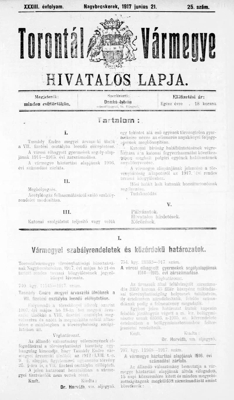 Torontál Vármegye Hivatalos Lapja, 33. évf. 1917. június 21. 25. sz.