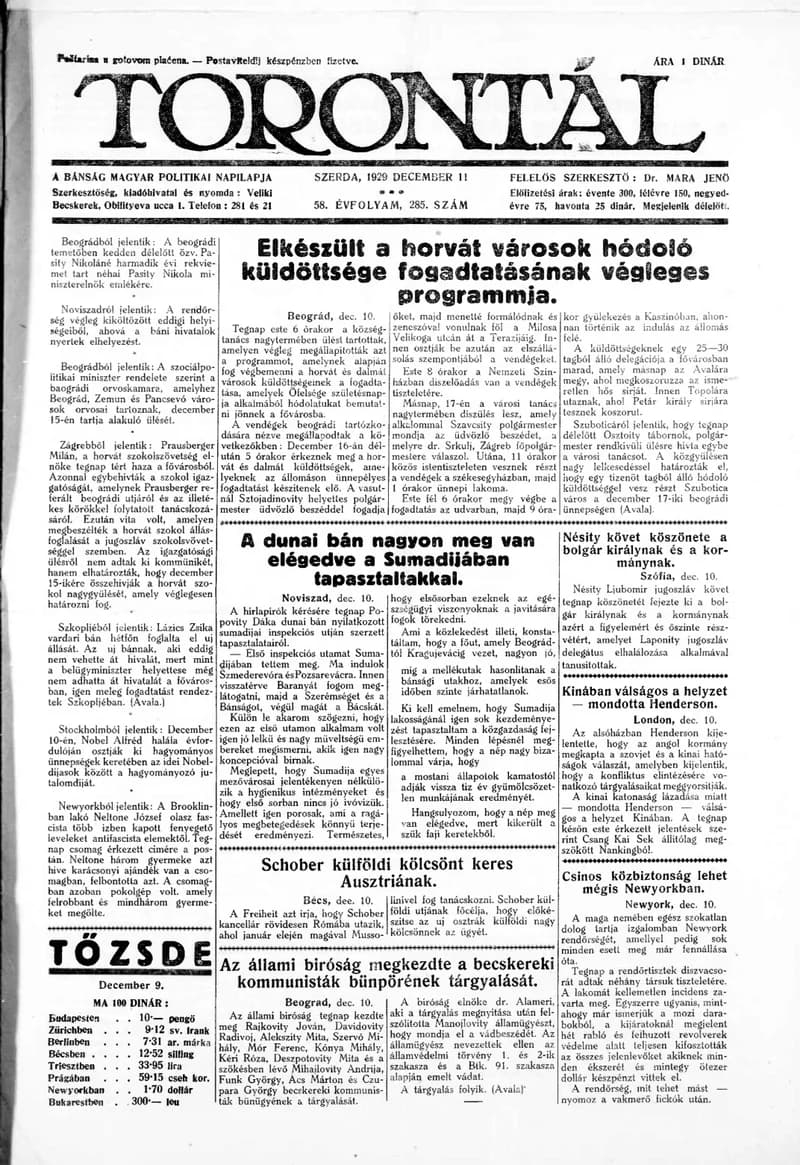 Torontál, 58. évf. 1929. december 11. 285. sz.