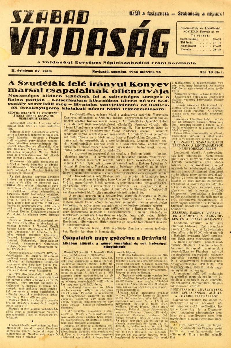 Szabad Vajdaság, 2. évf. 1945. március 24. 67. sz.