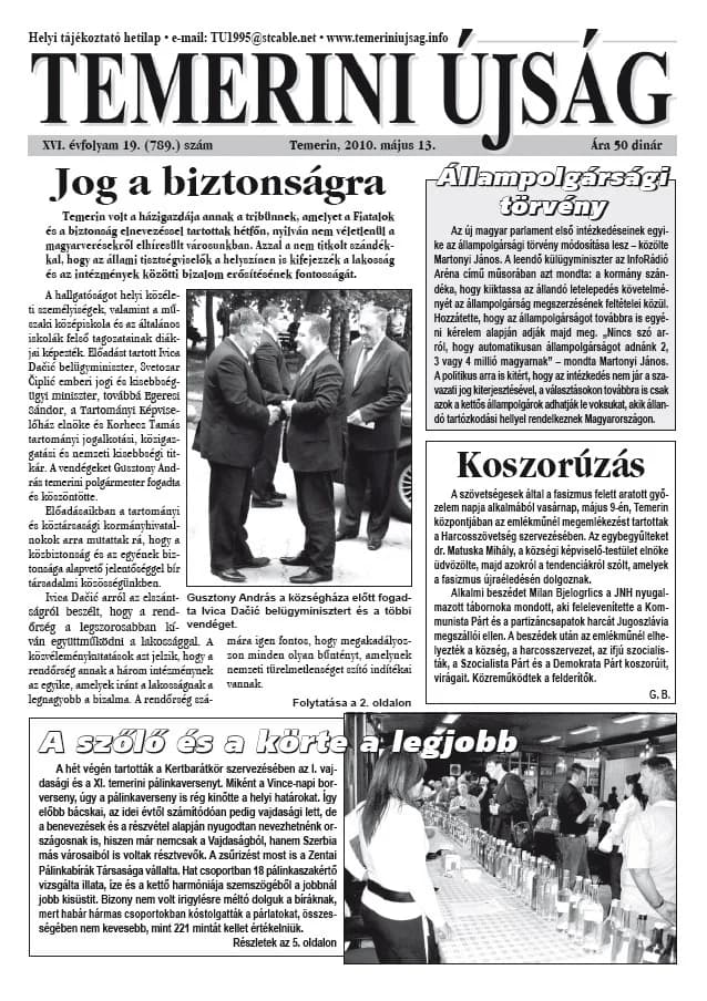 Temerini Újság, 16. évf. 2010. május 13. 19. sz.