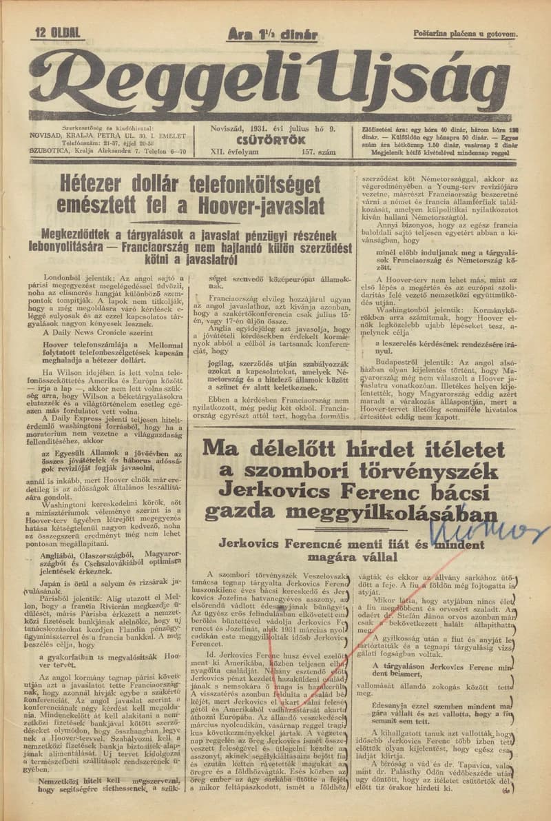 Reggeli Újság, 12. évf. 1931. július 9. 157. sz.