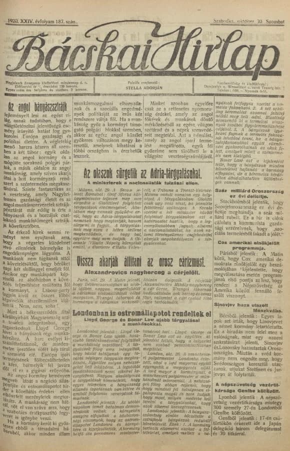 Bácskai Hirlap, 24. évf. 1920. október 30. 187. sz.
