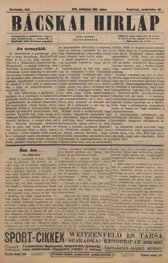 Bácskai Hirlap, 16. évf. 1912. szeptember 29. 222. sz.