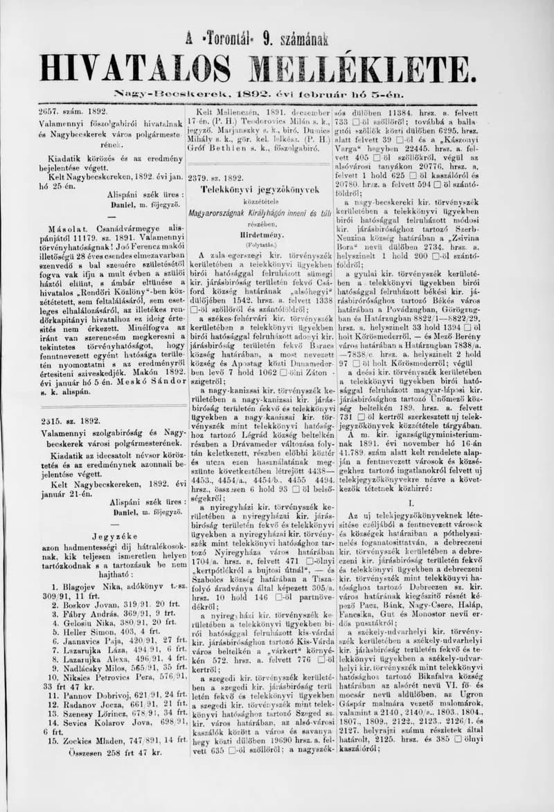 A Totontál  hivatalos melléklete, 5. évf. 1892. február 5. 9. sz.
