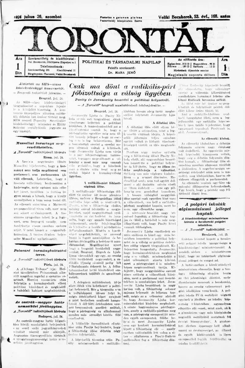 Torontál, 53. évf. 1924. július 26. 168. sz.