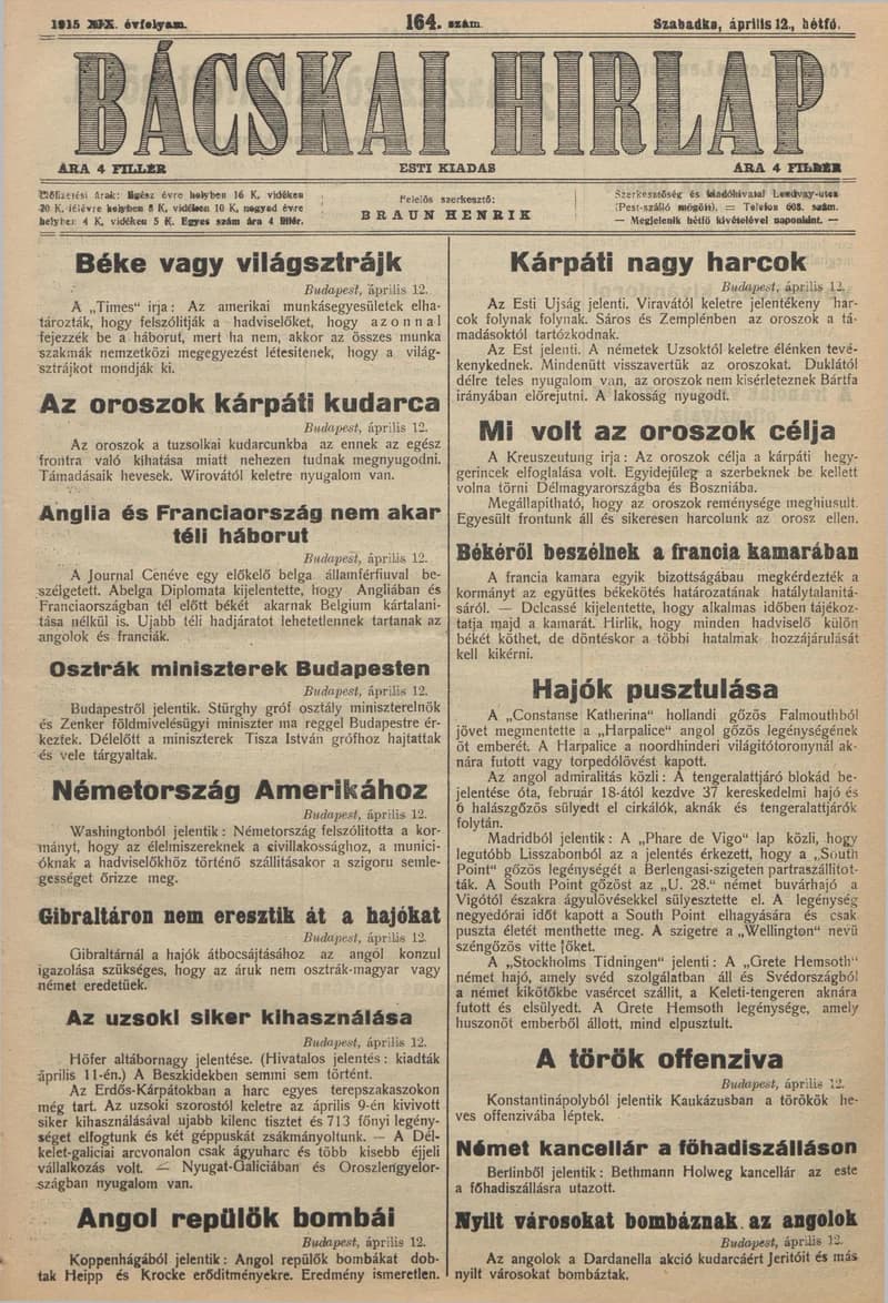 Bácskai Hirlap, 19. évf. 1915. április 12. 164. sz.