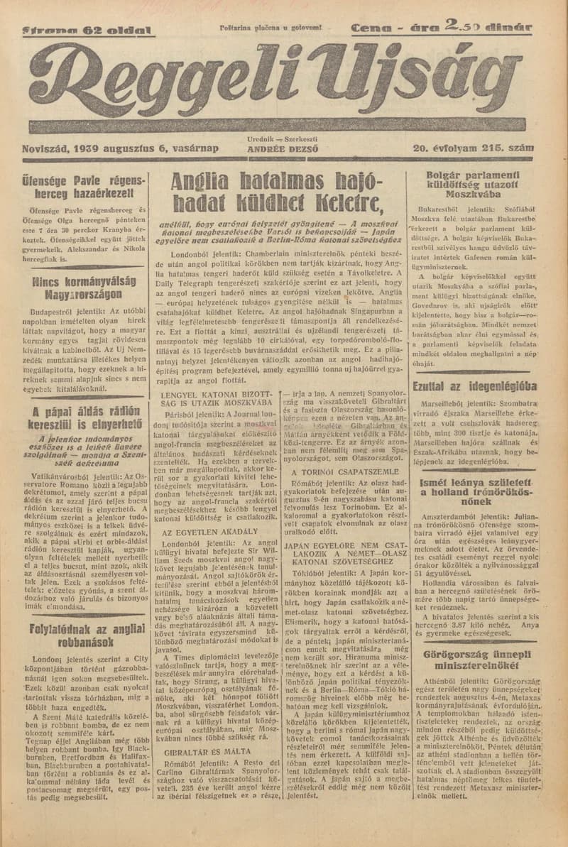 Reggeli Újság, 20. évf. 1939. augusztus 6. 215. sz.