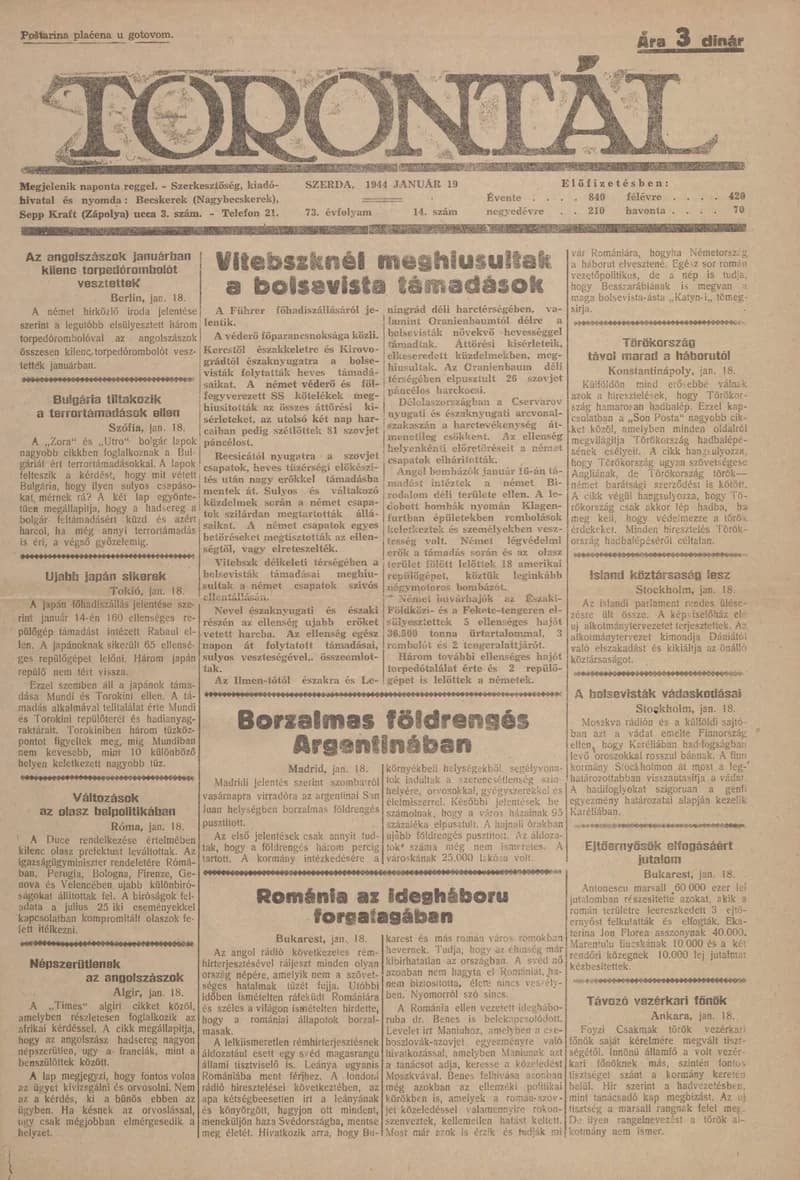 Torontál, 73. évf. 1944. január 19. 14. sz.