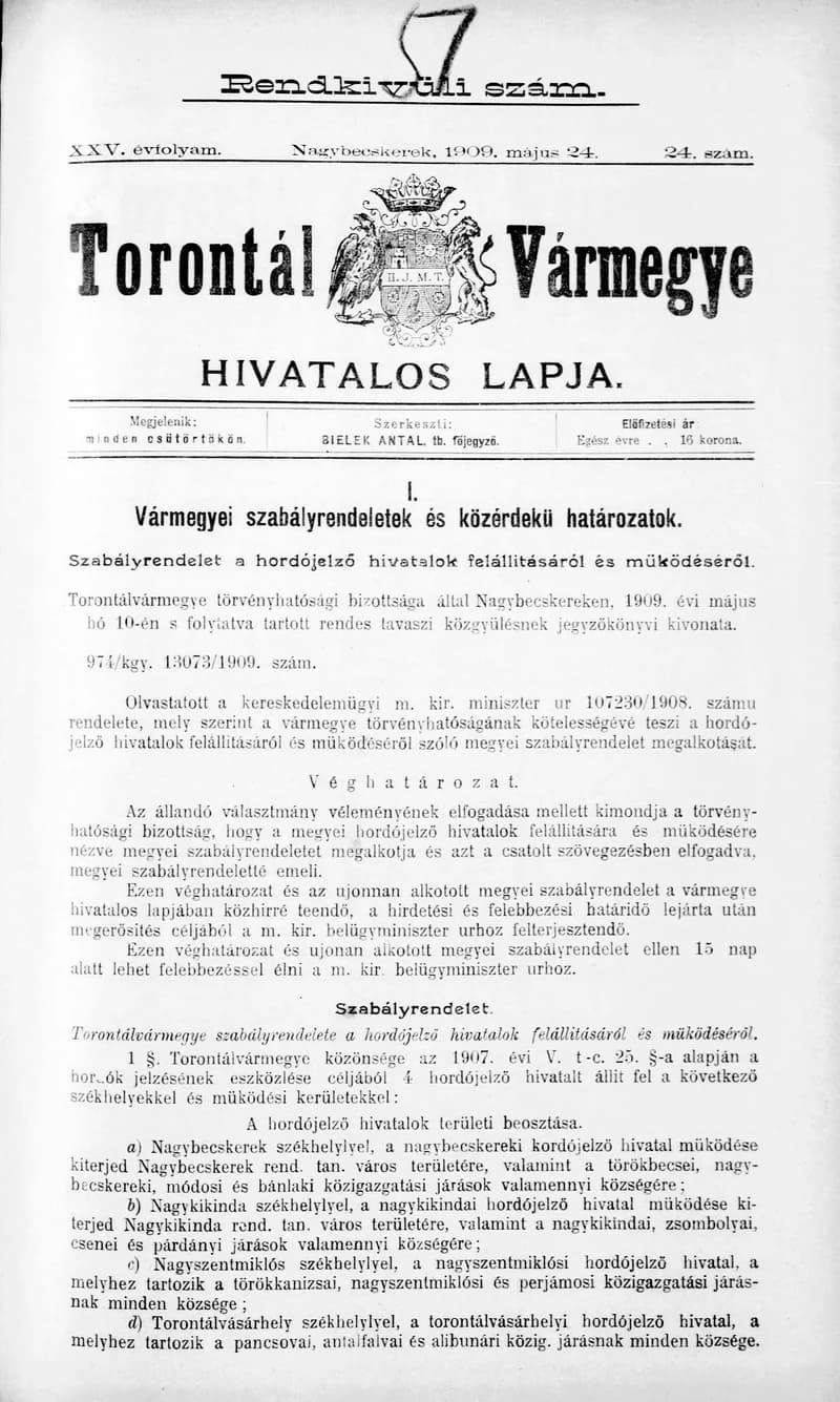 Torontál Vármegye Hivatalos Lapja, 25. évf. 1909. május 24. 24. sz.