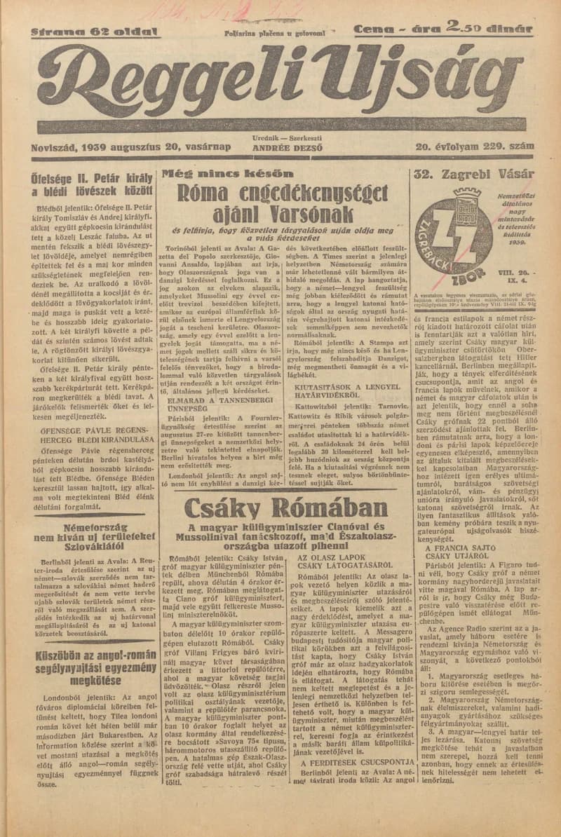 Reggeli Újság, 20. évf. 1939. augusztus 20. 229. sz.