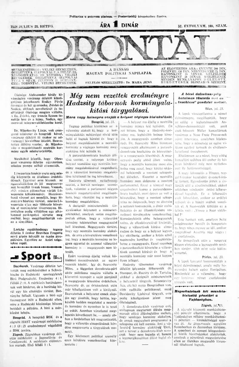 Torontál, 57. évf. 1928. július 23. 168. sz.