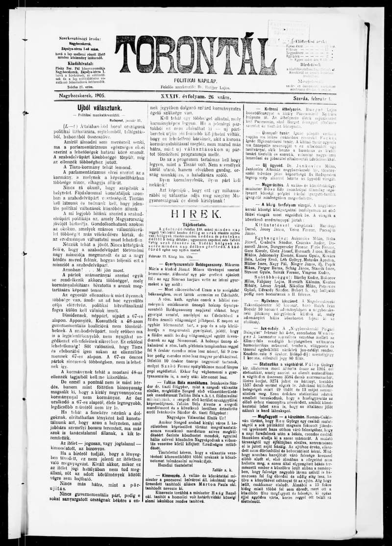 Torontál, 34. évf. 1905. február 1. 26. sz.