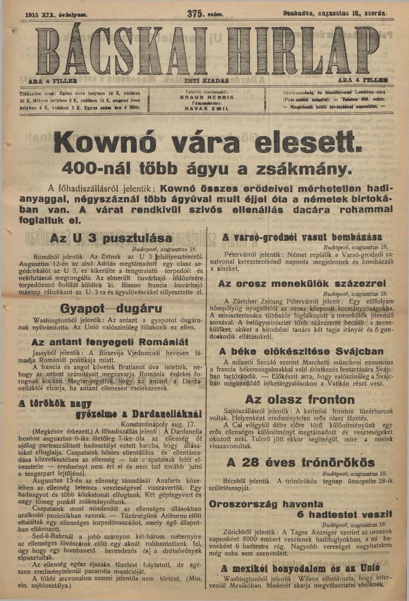 Bácskai Hirlap, 19. évf. 1915. augusztus 18. 375. sz.