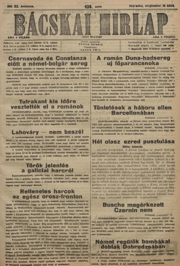 Bácskai Hirlap, 20. évf. 1916. szeptember 18. 426. sz.