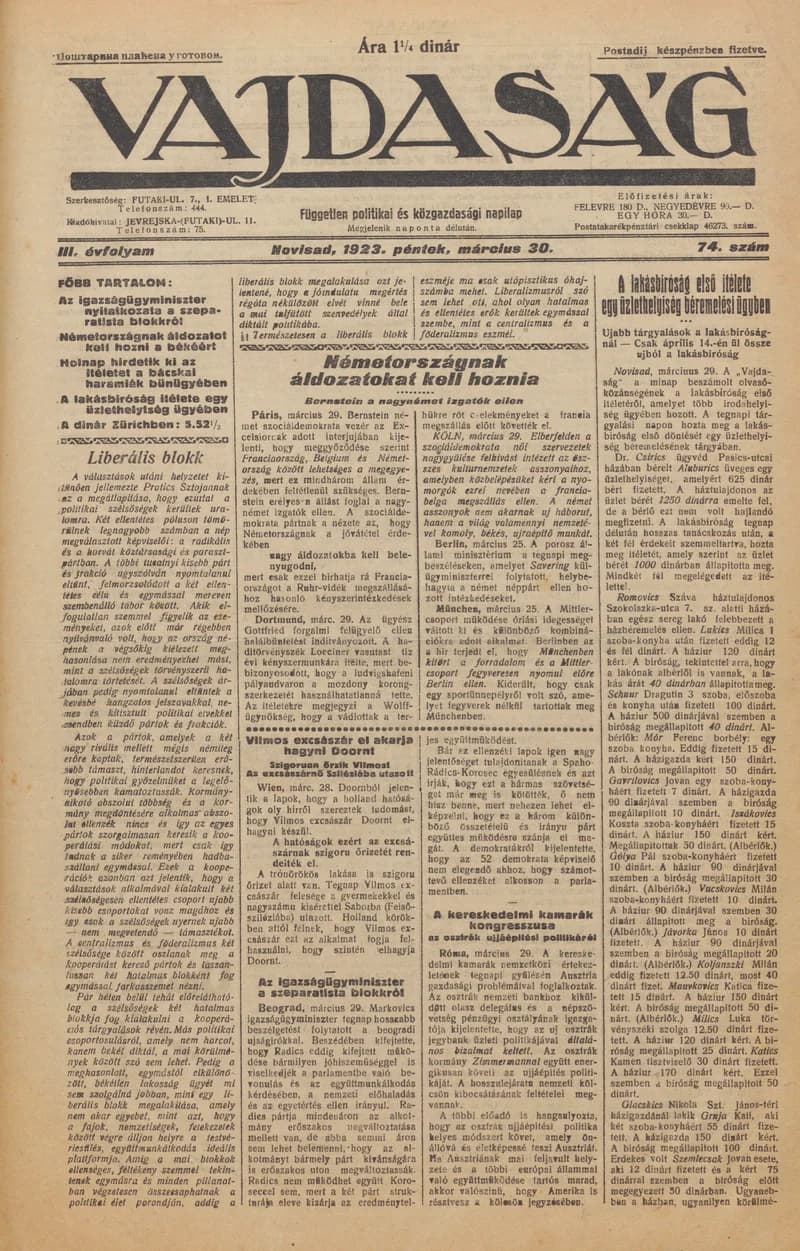 Vajdaság, 3. évf. 1923. március 30. 74. sz.