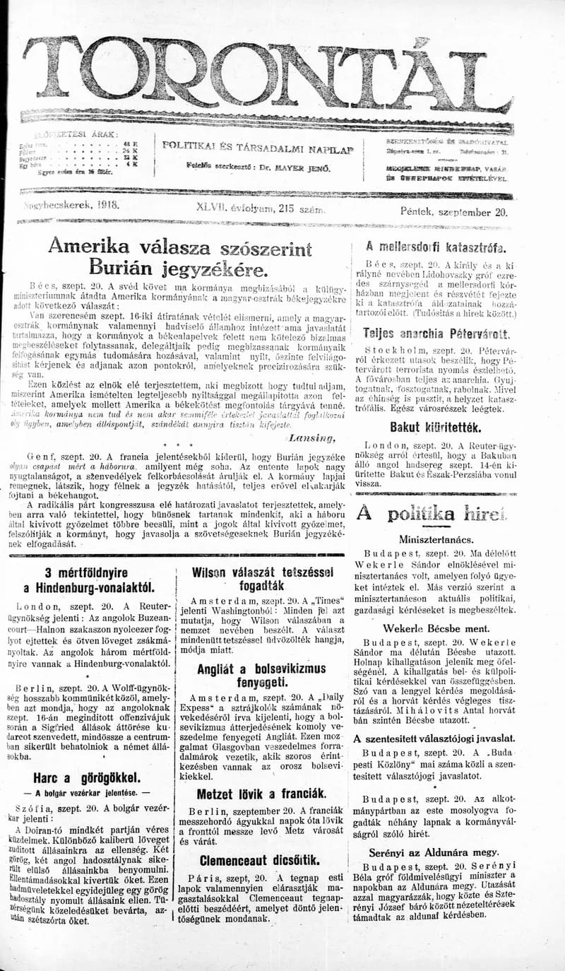 Torontál, 47. évf. 1918. szeptember 20. 215. sz.
