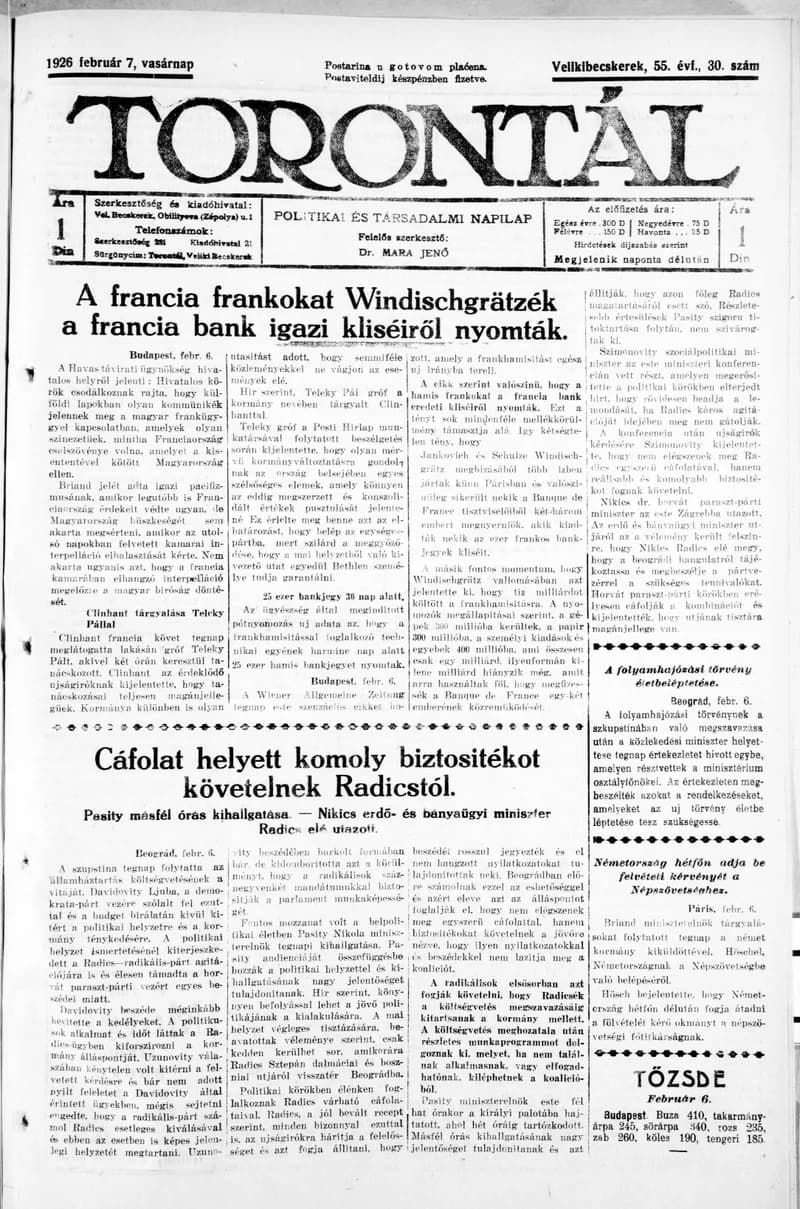 Torontál, 55. évf. 1926. február 7. 30. sz.