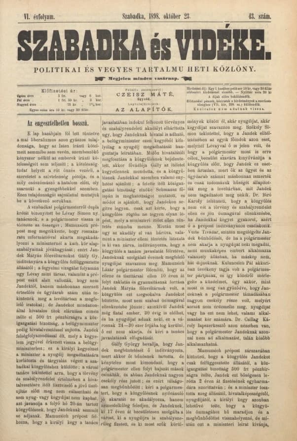 Szabadka és vidéke II, 6. évf. 1898. október 23. 43. sz.