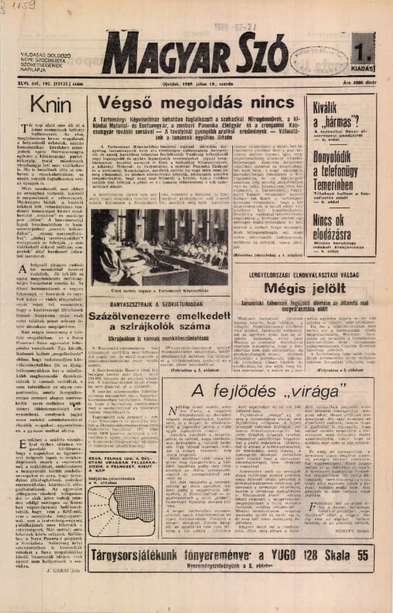 Magyar Szó, 46. évf. 1989. július 19. 195. sz. 1–16. oldal