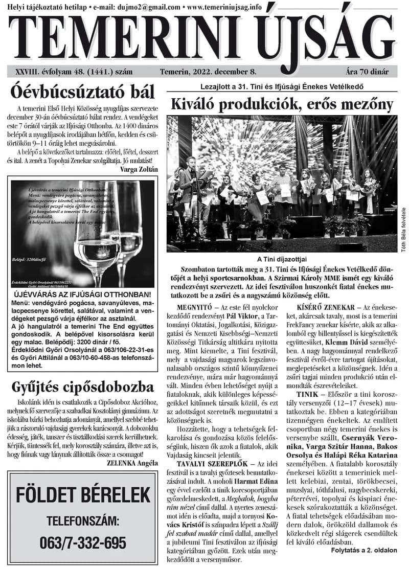 Temerini Újság, 28. évf. 2022. december 8. 48. sz.