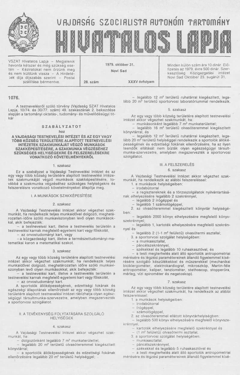 Vajdaság Szocialista Autonóm Tartomány Hivatalos Lapja, 35. évf. 1979. október 31. 28. sz. 1217–1224. oldal