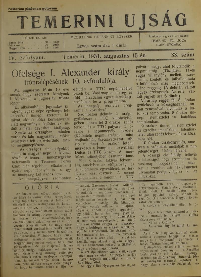 Temerini Újság 1928-1944, 4. évf. 1931. augusztus 15. 33. sz.